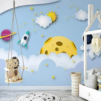 Потребителски стенни тапети Nordic Ins Ръчно рисувани и 3D Вселената Планета Карикатура астронавт на Фона на детската стая стенен интериор и 3 D
