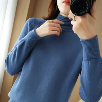 Пролет-есен нова памук вязаный пуловер с висока воротом, женски свободен универсален пуловер голям размер, долната риза