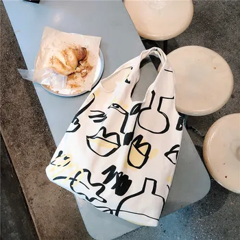 Прости линии графити, чанта през рамо, бяла холщовая чанта, голяма пазарска чанта, за жени, за многократна употреба за хранителни стоки чанти, чанта-тоут, сгъваема