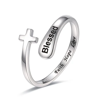 Прости регулируеми пръстени с кръст на големия пръст от сребро 925 проба, християнски благословени бижута, пръстен, надежда, любов и вяра за момичета-юноши, жени, мъже