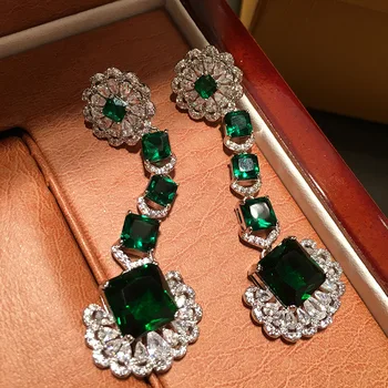 Ретро Луксозни зелени квадратни обеци Тенденция 2021, женски кристални декорации с пискюли, кубичен цирконий с високо качество, модерен подарък за приятели