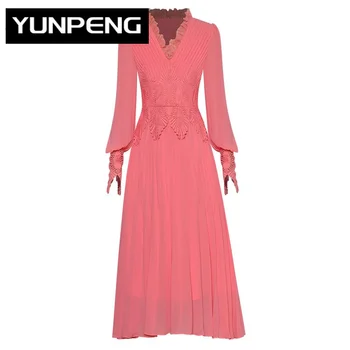 Рокли за жени 2023 Елегантна висококачествено луксозно пролетта на рокля с V-образно деколте и ръкав-фенерче, розово драпированное дантелено плиссированное шифоновое рокля в стил мозайка