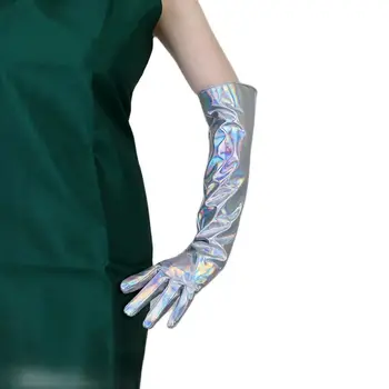Ръкавици от лакирана кожа, дамски модни лазерни сребристи 50 см от изкуствена овча кожа, светли сребристи дамски дълги ръкавици от изкуствена кожа HPU37