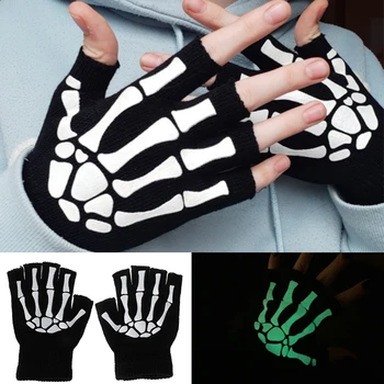 Ръкавици с виртуален скелет и череп на Хелоуин, зимни топли възли ръкавици, пънк-унисекс, ръкавици без пръсти, светещи в тъмното, ръкавици без пръсти