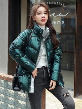 Светоотражающая яке, корейската зимни зелена топла градина с хляб, всекидневният дебел памучен дамски яке-пуховик с висока яка Оверсайз