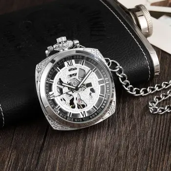 Сребърен джобен часовник с квадратен циферблат с римски цифри, механично ръчно от часовници с отворен циферблат, елегантно окачване в ретро стил, часовници с ръчен механизъм