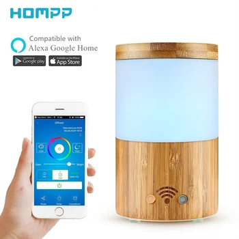 Умен WiFi дифузор аромат на етерично масло, бамбук тръба, овлажнител на въздуха за дома, 7 цвята, led светлини, дистанционно управление с Google