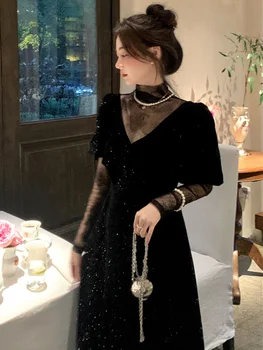 ХУЧЖОУ, реколта черни вечерни рокли за абитуриентски бал, елегантно ретро бархатное сетчатое дантелено рокля midi, халат за баня, Vestido 2023, Новост в модата