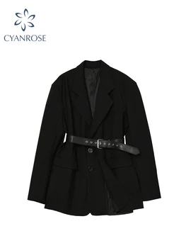 Черно сако, дамско палто 2022, модерен монофонични на ревера с колан, всекидневни темперамент, дамски връхни дрехи оверсайз, яке, шик върховете